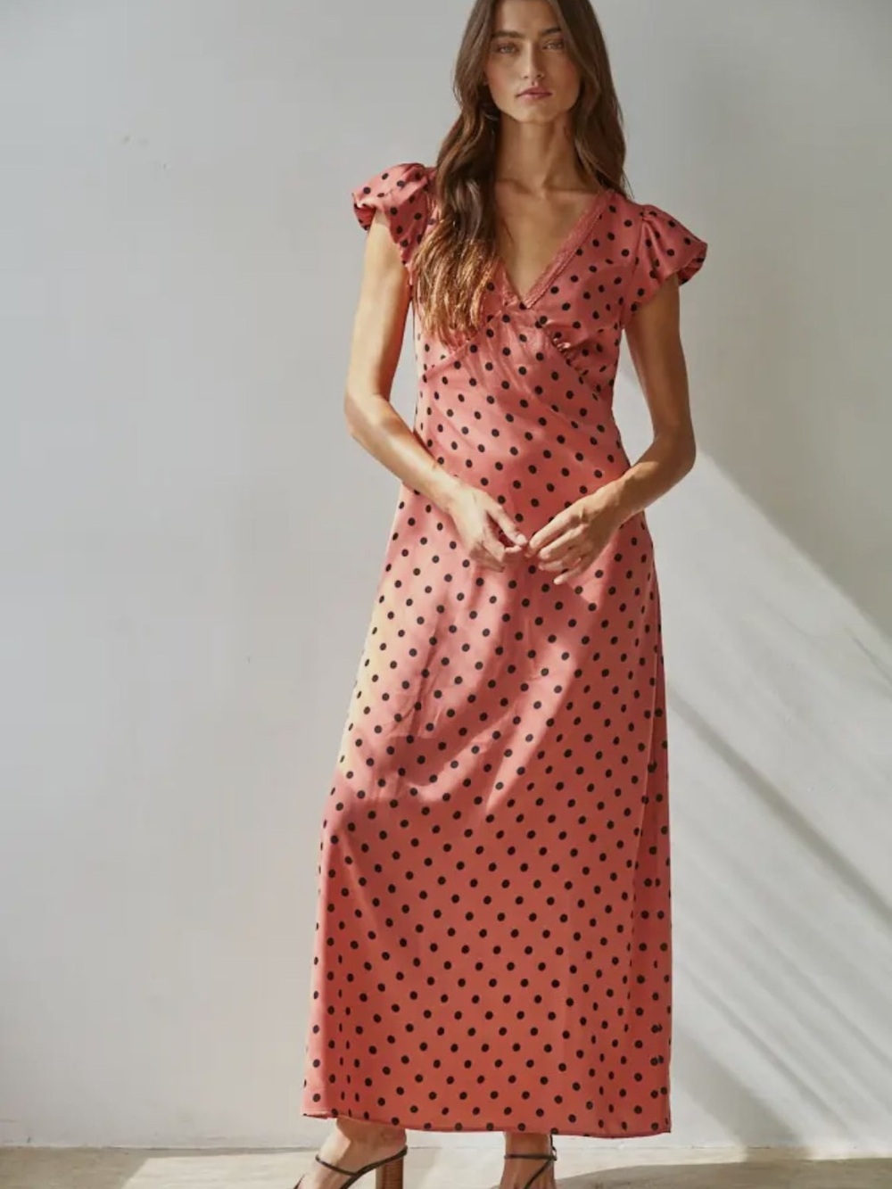 Beautiful Polka Dot “By Together” Size Medium Rust Colored V-Neck Maxi Dress